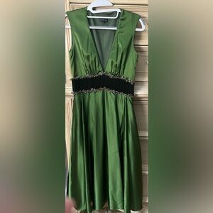María Bianca Emerald Green Silk V-Neck Midi Dress with Black Embellished Waist